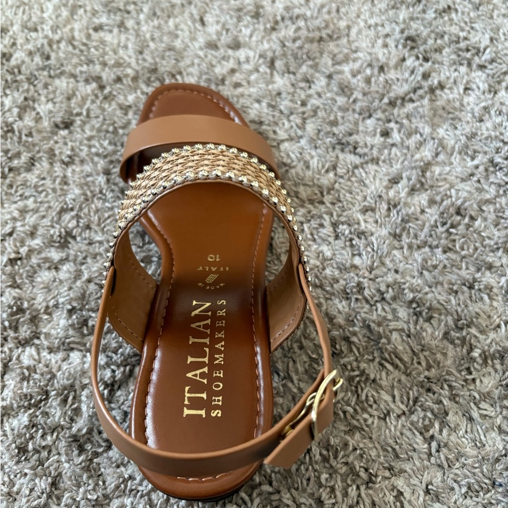 Italian Shoemakers Tan Braided Espadrille Slingback Sandals with Gold Trim - Picture 3 of 8